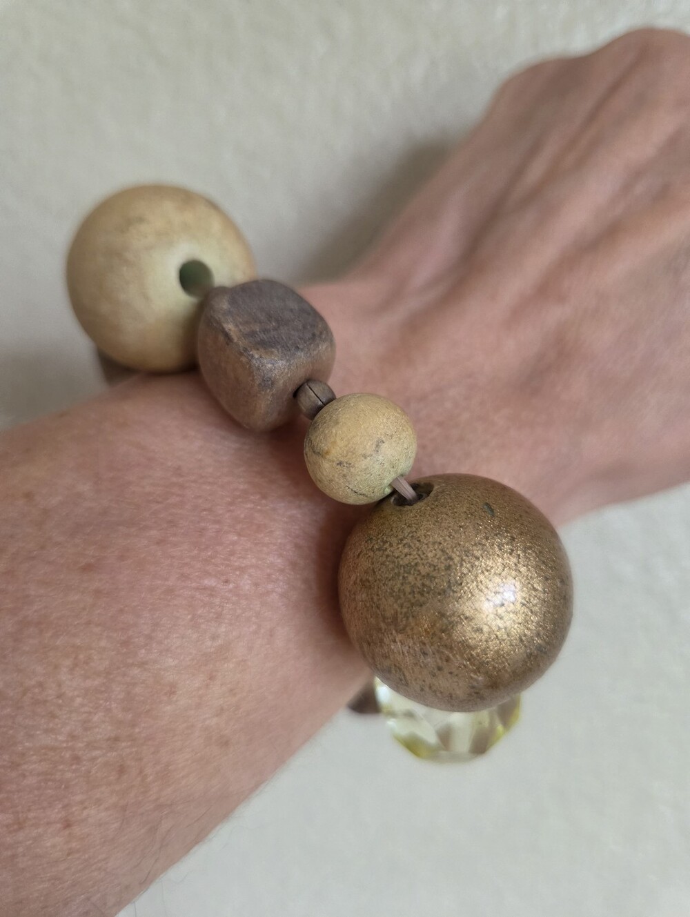 chunky wooden bead stretch bracelet natural organic modern yellow acrylic glass​
